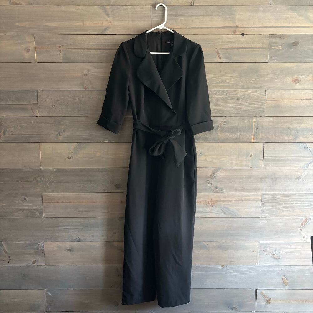 BLACK HALO | Lucinda Belted Jumpsuit Black Notched Collar Pockets Sz 12